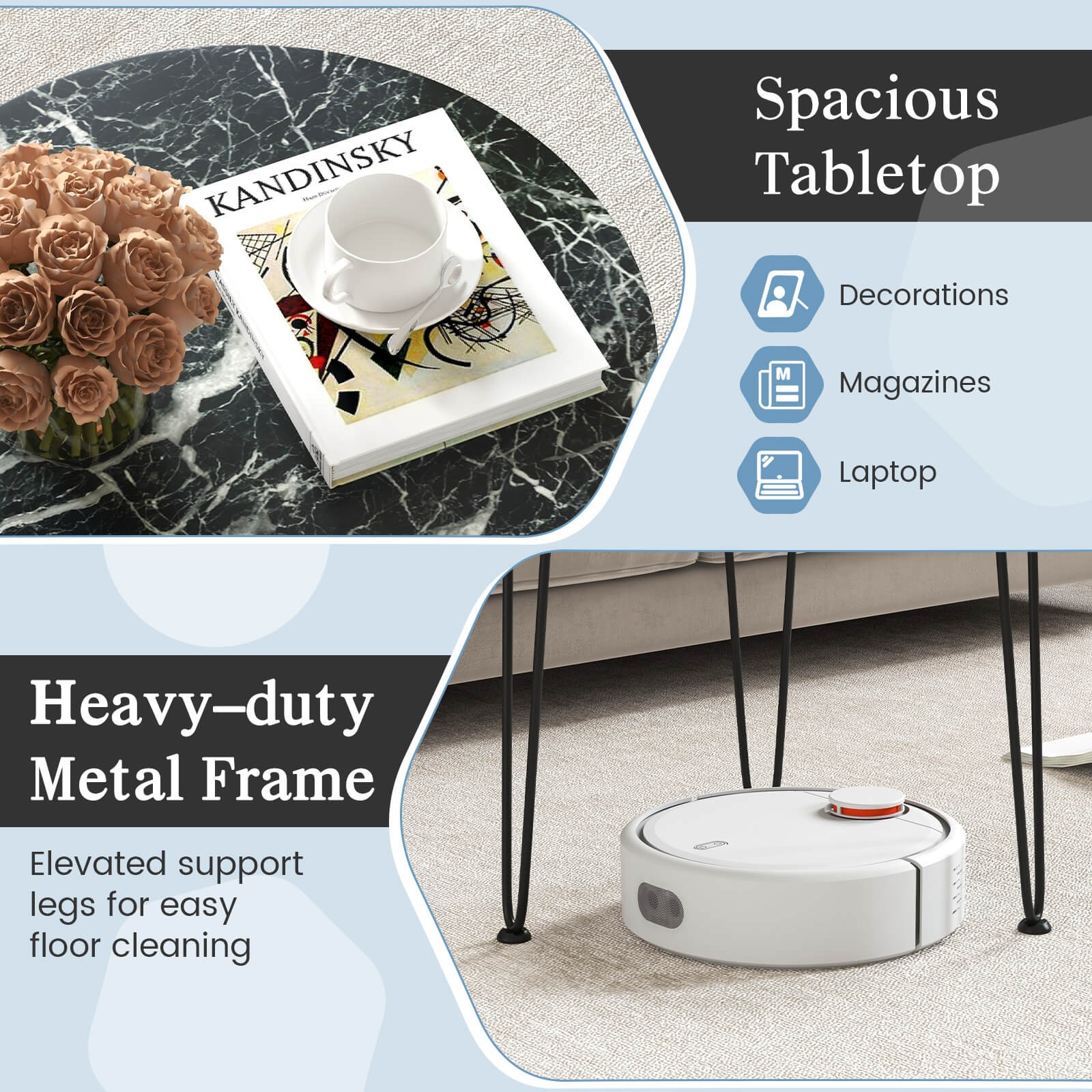 Small Round Coffee Table w/ Thickened Tabletop & Metal Tripod Legs Faux Marble