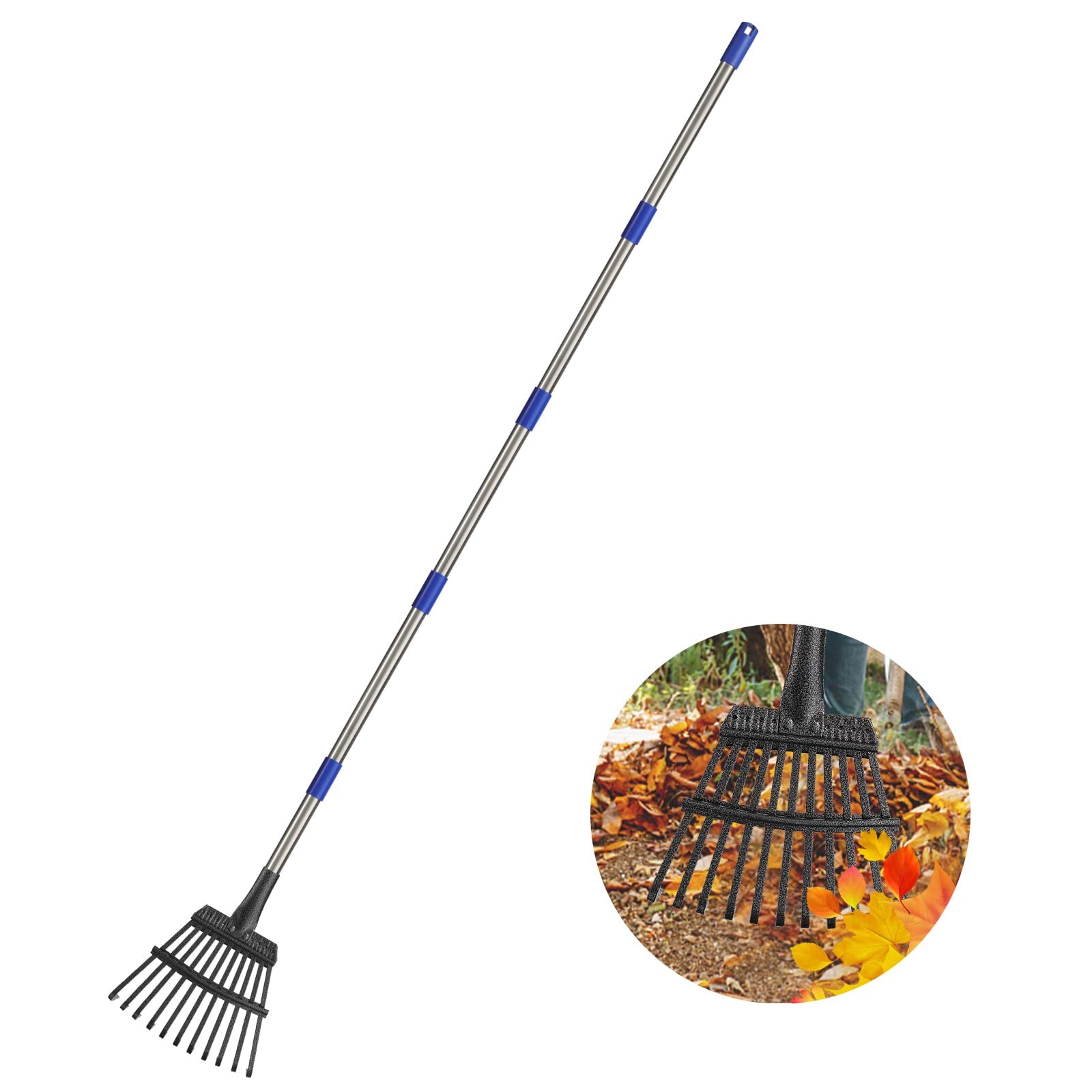 Rake For Leaves 8 Wide 11 Tines Small Metal Adjustable Handle Heavy Duty Tool