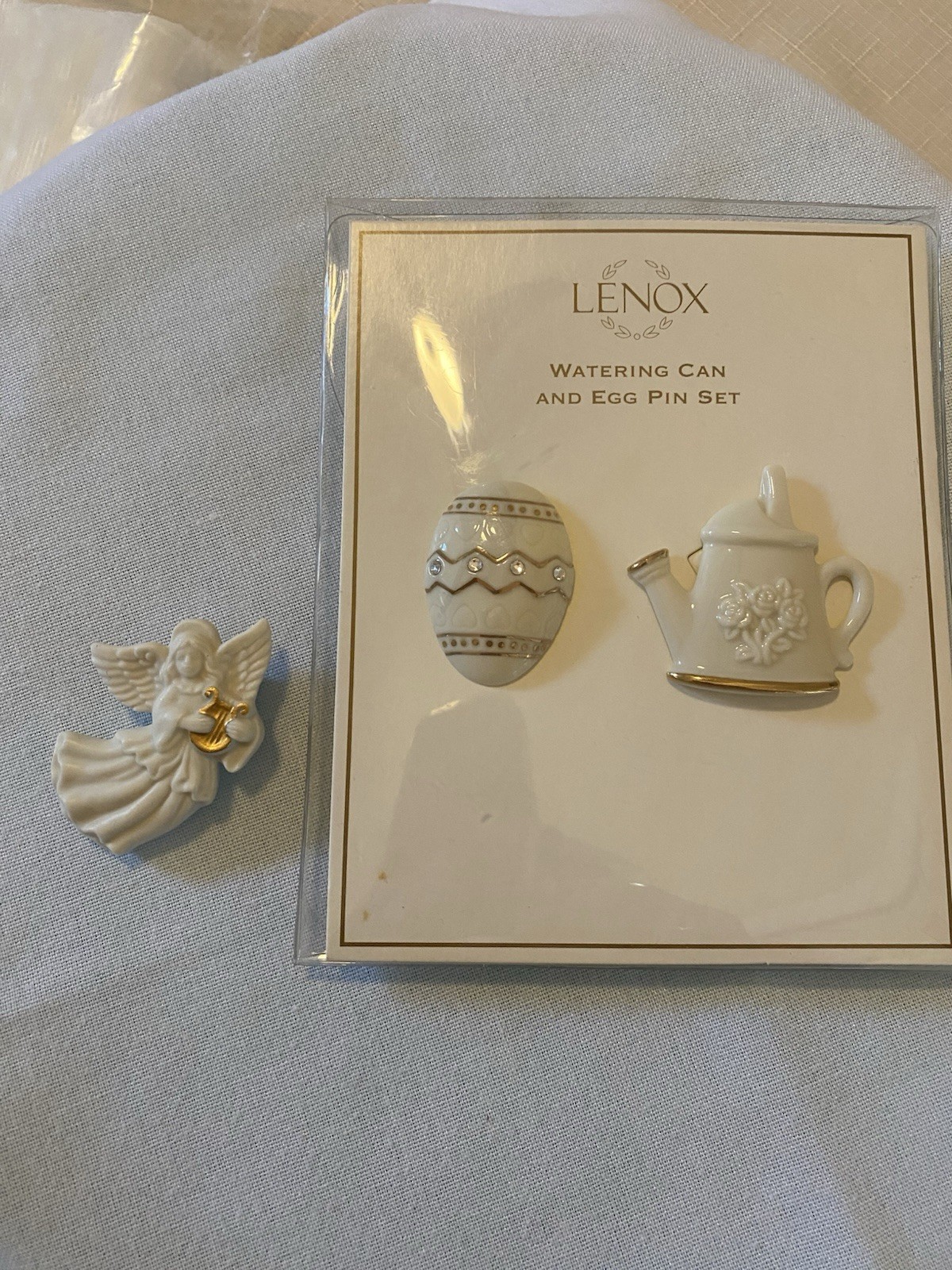 Lennox Easter Egg And Watering Can Pins W/Christmas Angel Lapel Pin 24k Accents