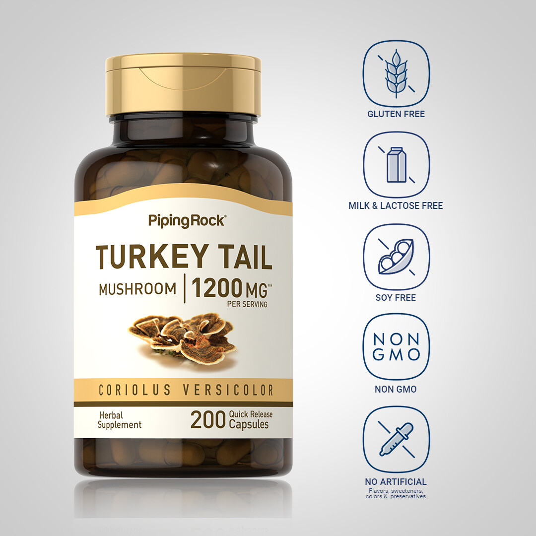 Turkey Tail Mushroom Capsules | 1200mg | 200 Count | Non-GMO | by Piping Rock