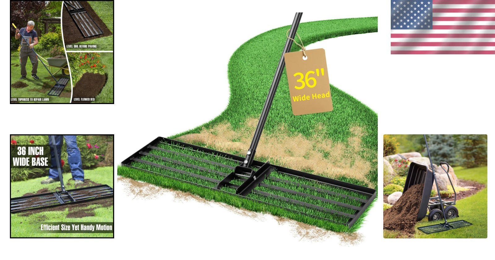 Versatile 36" Lawn Leveling Rake with 72" Handle - Perfect for All Grass Types