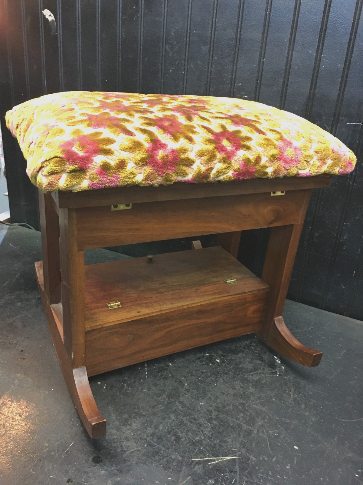 Wood Footstool- Vtg Rocking Floral Tapestry Upholstered Padded Wooden Stool
