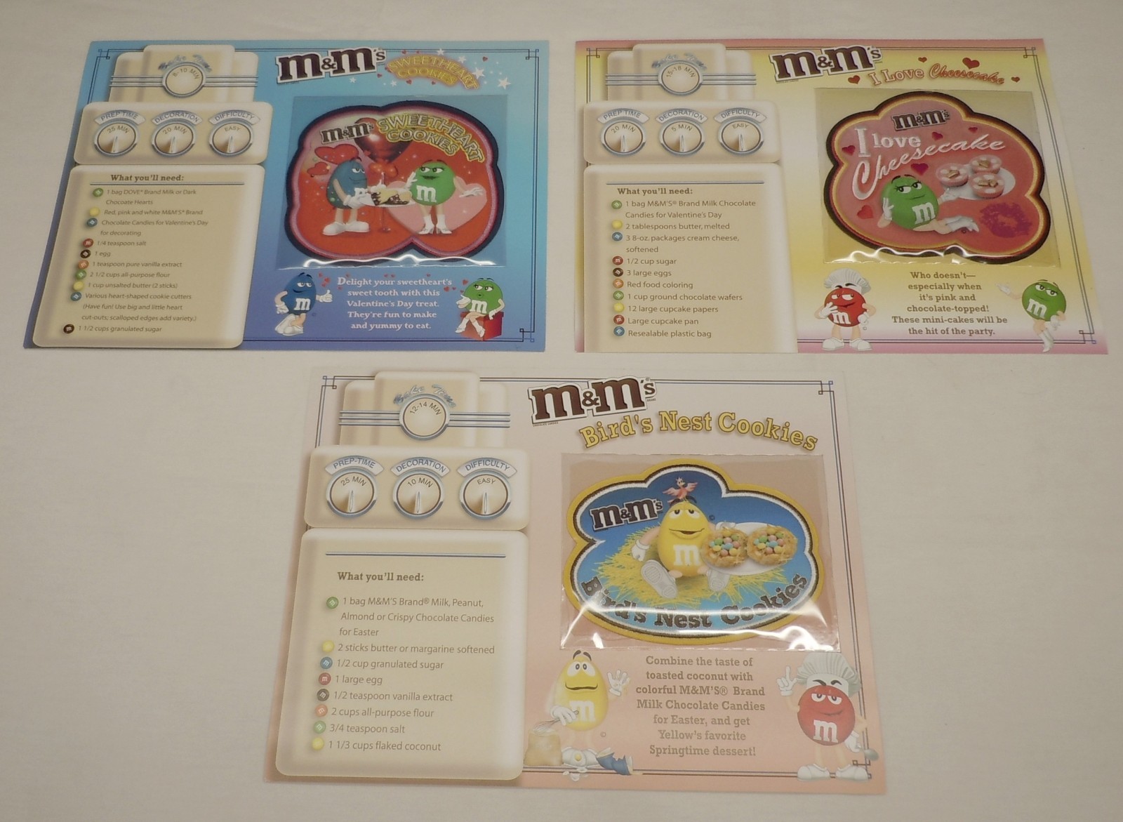 M&M Patch Recipe Cards Sweetheart I Love Cheesecake & Birds Nest Cookies