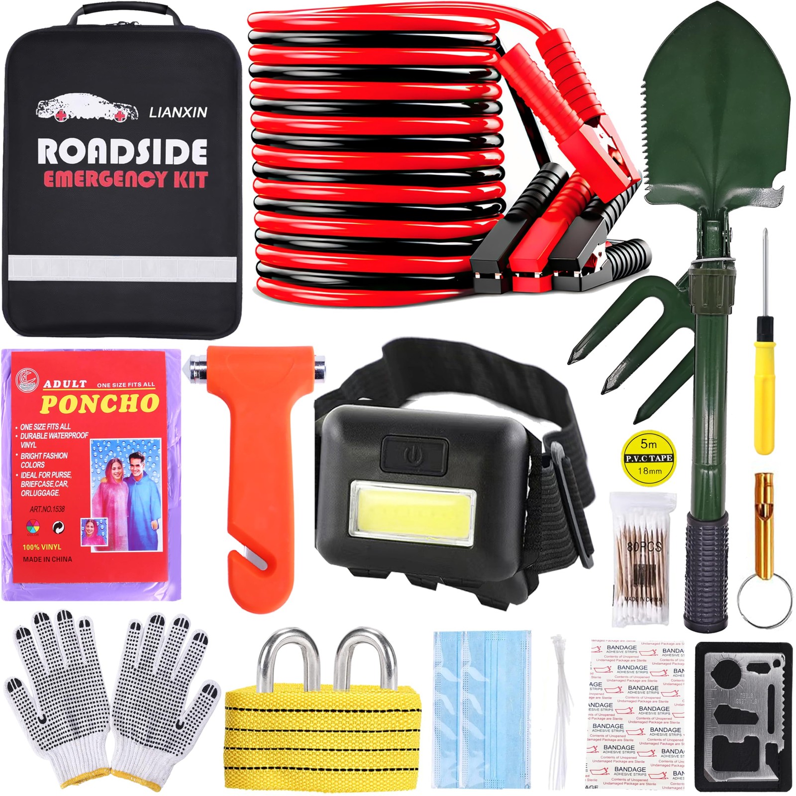 Emergency Car Kit Roadside Assistance with Jumper Cables, Tools & Safety Gear
