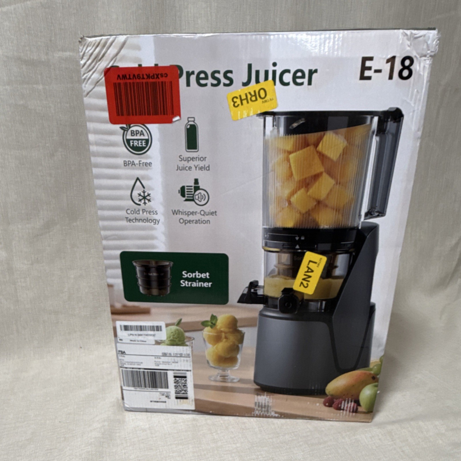 E-18 Cold Press Juicer Black BPA-Free Quiet w/ Sorbet & Nut Milk Strainers 110V