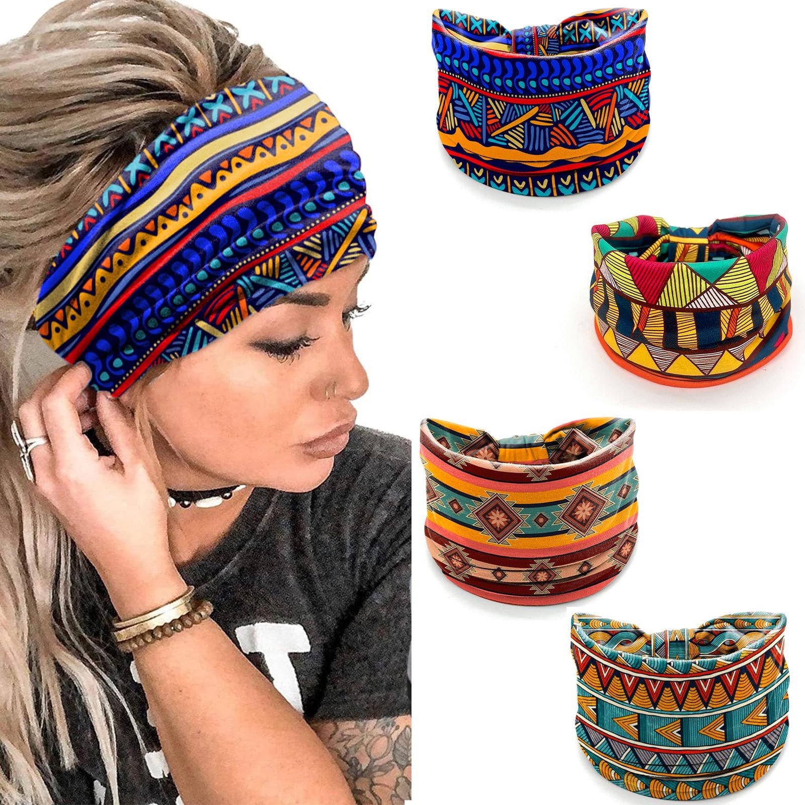 winthrop African Tribal Headbands for Women – 4 1 Count (Pack of 4), white