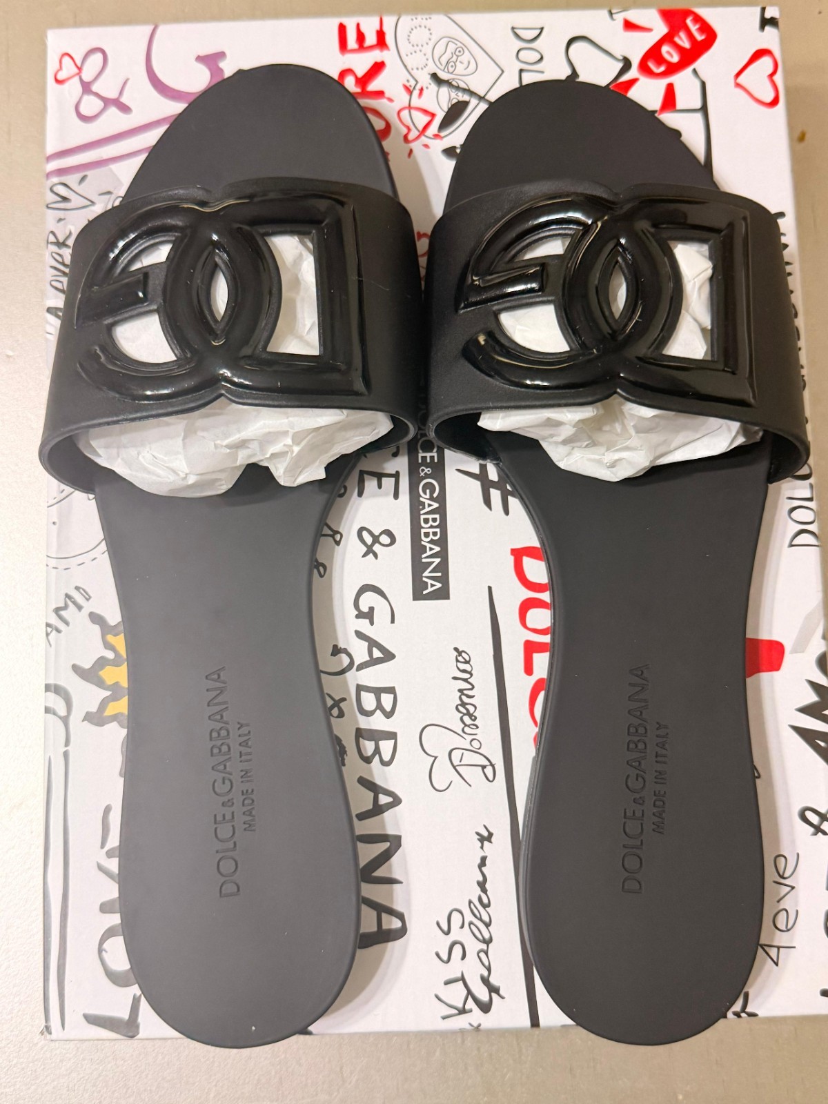 Dolce&Gabbana Black Logo Slide Sandal Women Casual Summer Slip. Size 8