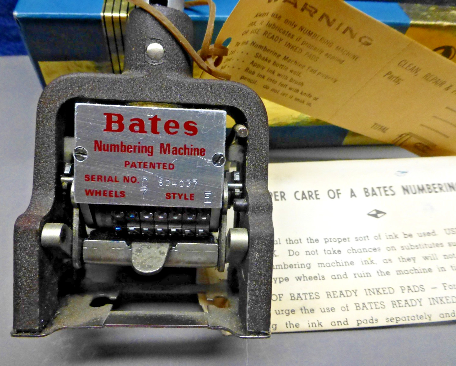 Vintage Bates American Numbering Stamp Machine 7 Wheels Style E With Box