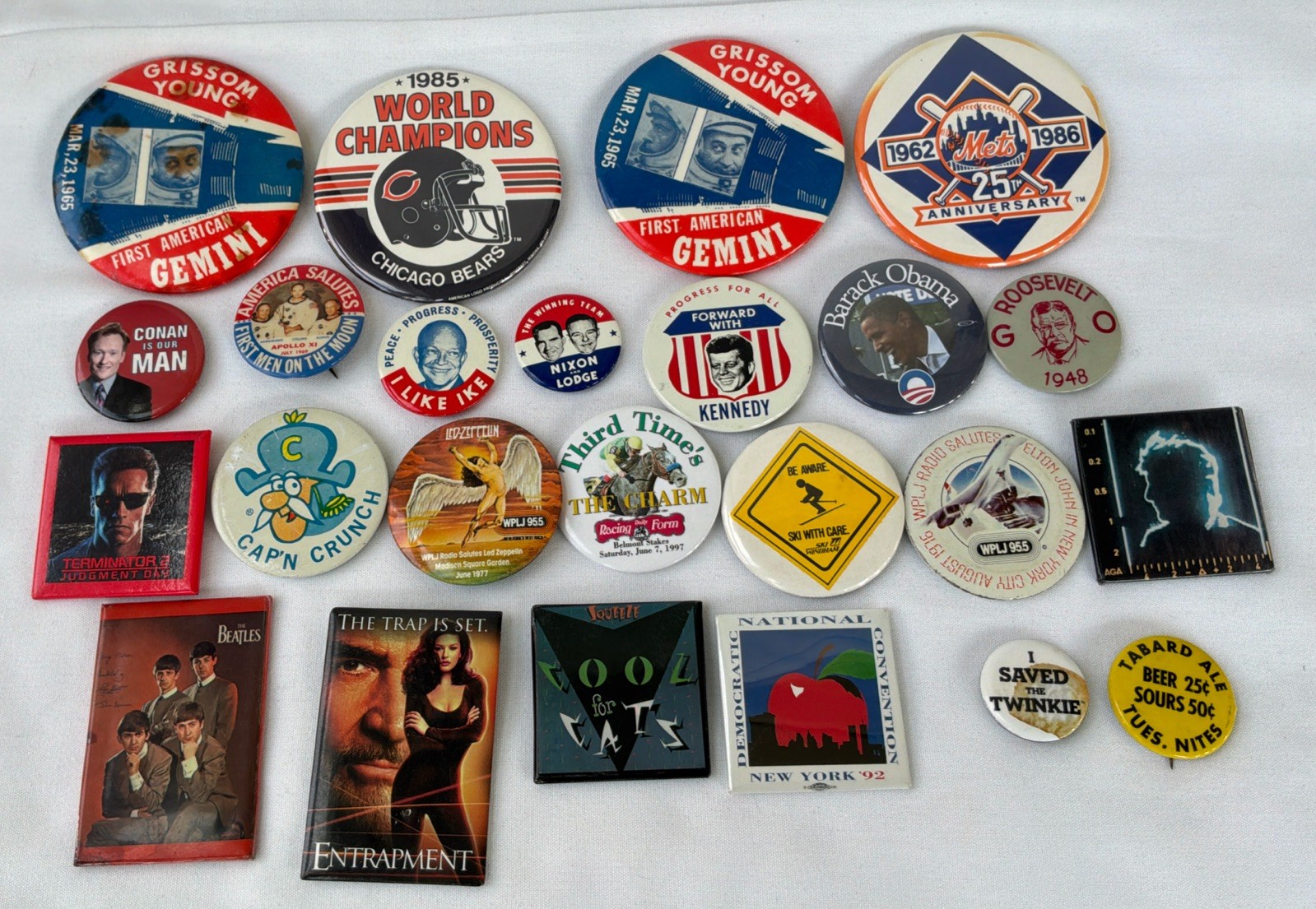 Vintage Lot of 24 Pinback Buttons Politics /Music /Space /Sports ￼￼￼
