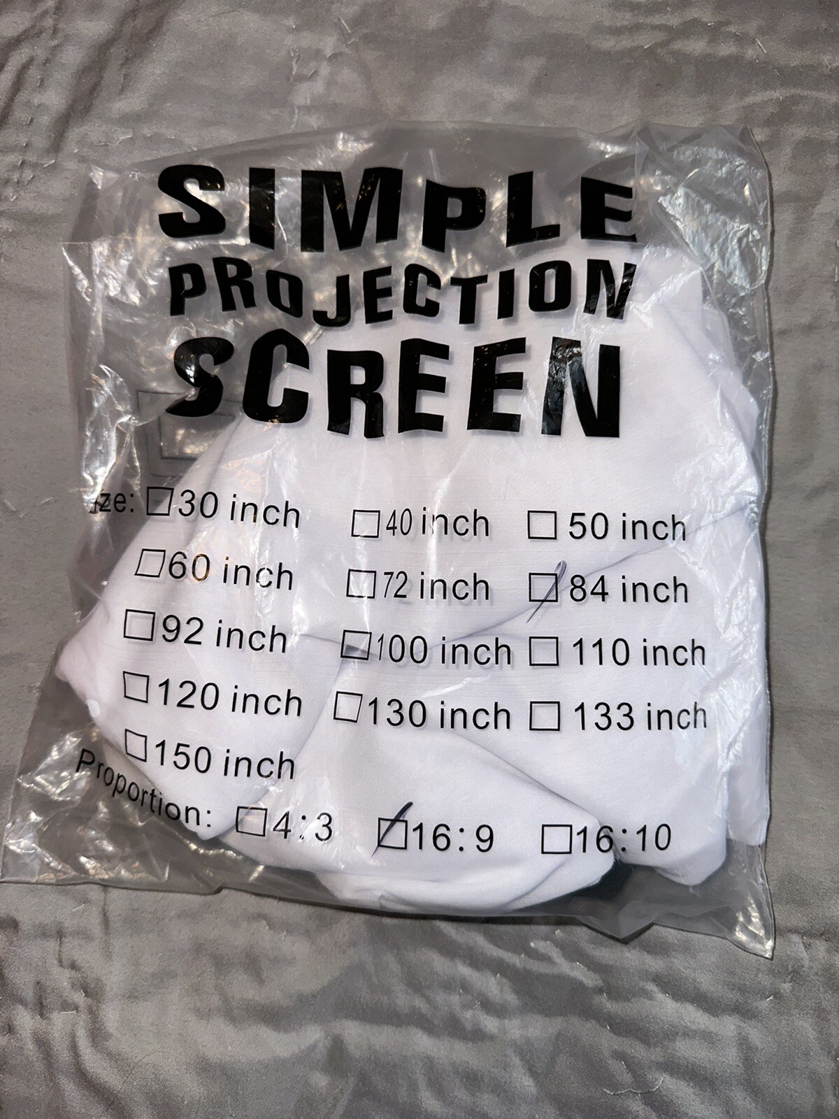 Simple Projector Screen, Portable (cloth)  16:9 Size 84” NEW With Clips To Hang