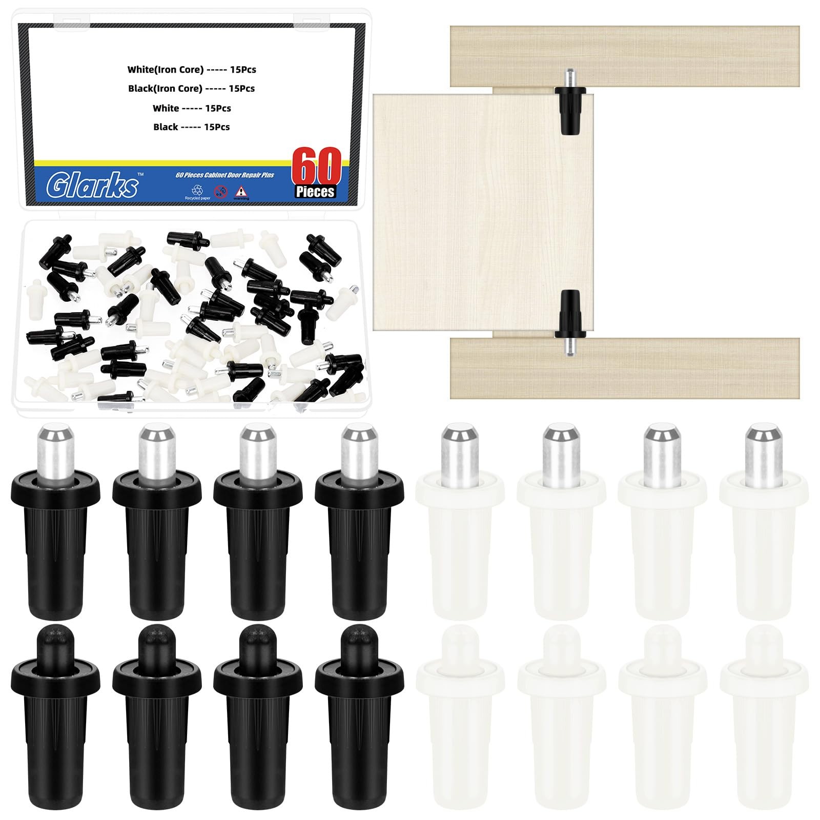 60pcs 8 x 25mm/0.31 x 0.98in Cabinet Door Repair Pins Kit Black and White Dam...