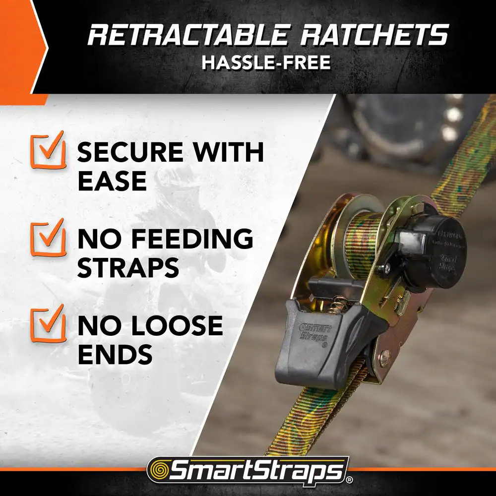 SmartStraps Ratchet Tie Down Straps 10ft x 1.5in Camo Retractable 2 Pack 1000lb