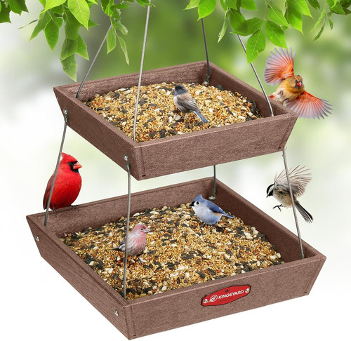 Kingsyard 2 Tier Large Platform Bird Feeders for Outdoors Hanging, 5 Brown