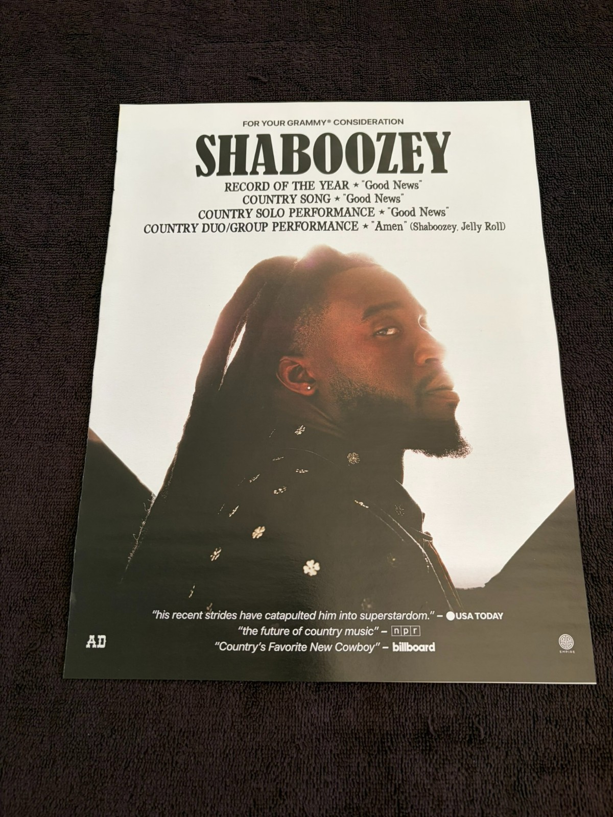 SHABOOZEY 2026 Grammy ad for Record of the Year & Country Song for "Good News"