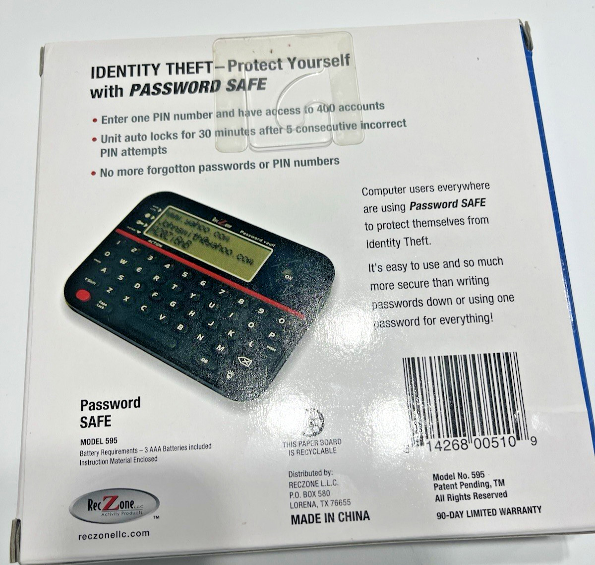 New Password Safe RecZone Password Organizer Model 595 New In Box