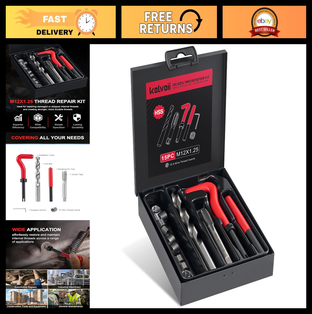 M12×1.25 Helicoil Thread Repair Kit - Metric Rethreading Tool with HSS Drill Bit