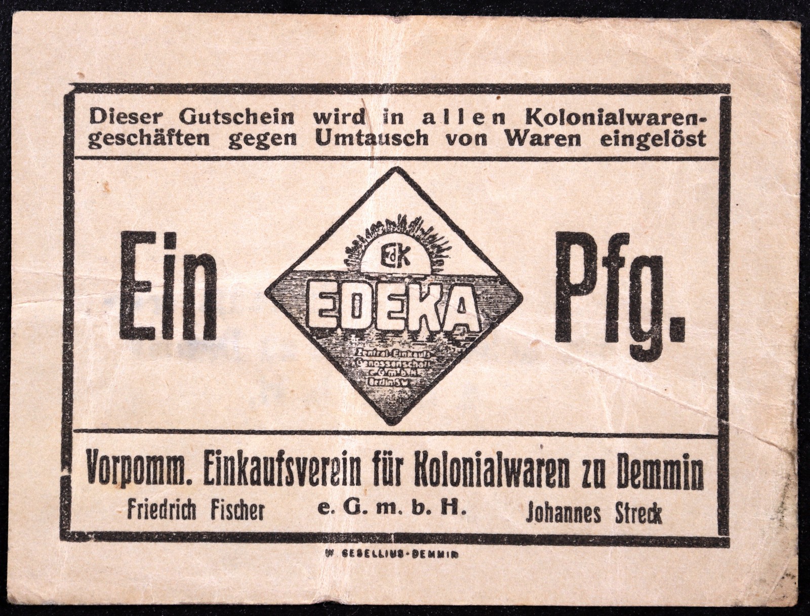 DEMMIN (ND) RARE "Edeka" 1 Pfennig German Notgeld