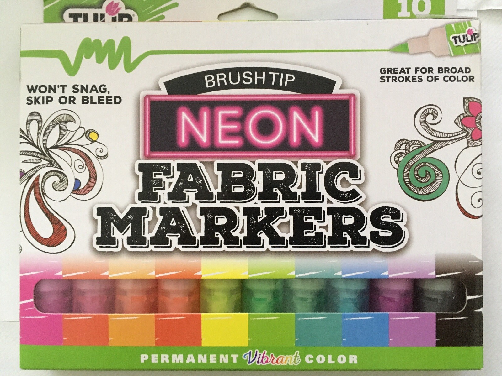 Tulip 10-PACK NEON FABRIC MARKERS BRUSH TIP PERMANENT VIBRANT COLOR Non-Toxic HQ