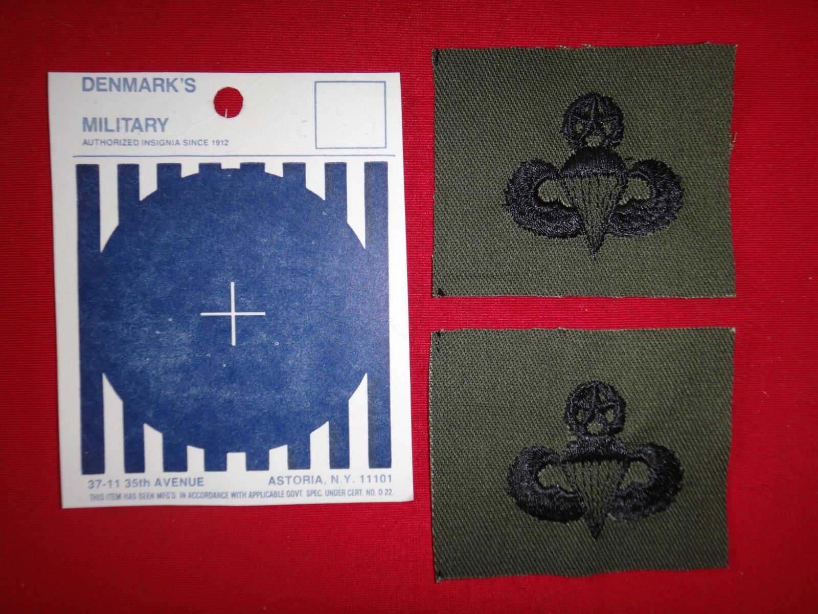 Two (2) US Army Master PARACHUTIST Jump Wings Subdued Patches Made By DENMARK'S