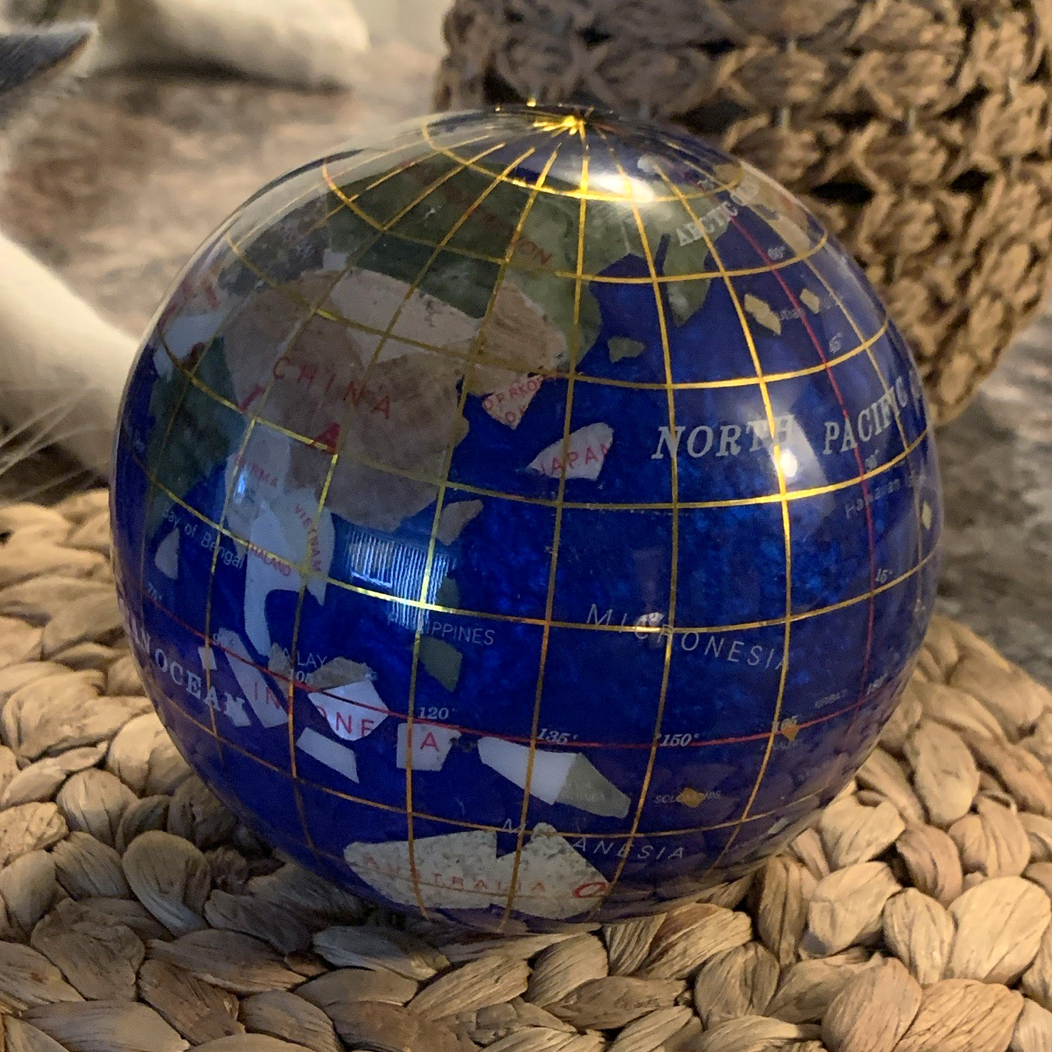 Blue Glass World Globe Paperweight Decorative Sphere, Glossy Freestanding