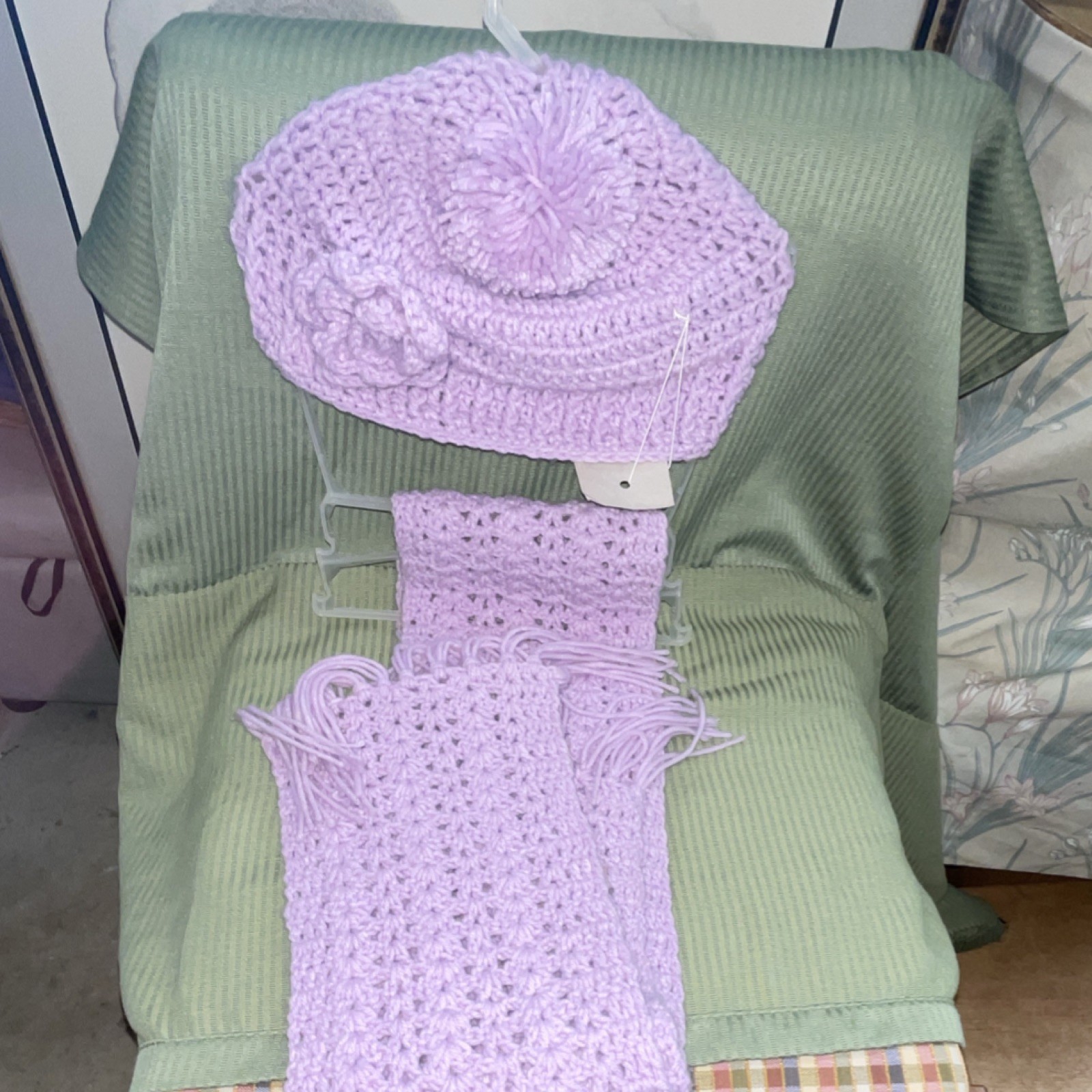 Handmade Lavender Crochet Hat and Scarf Set with Flower and Pom-Pom