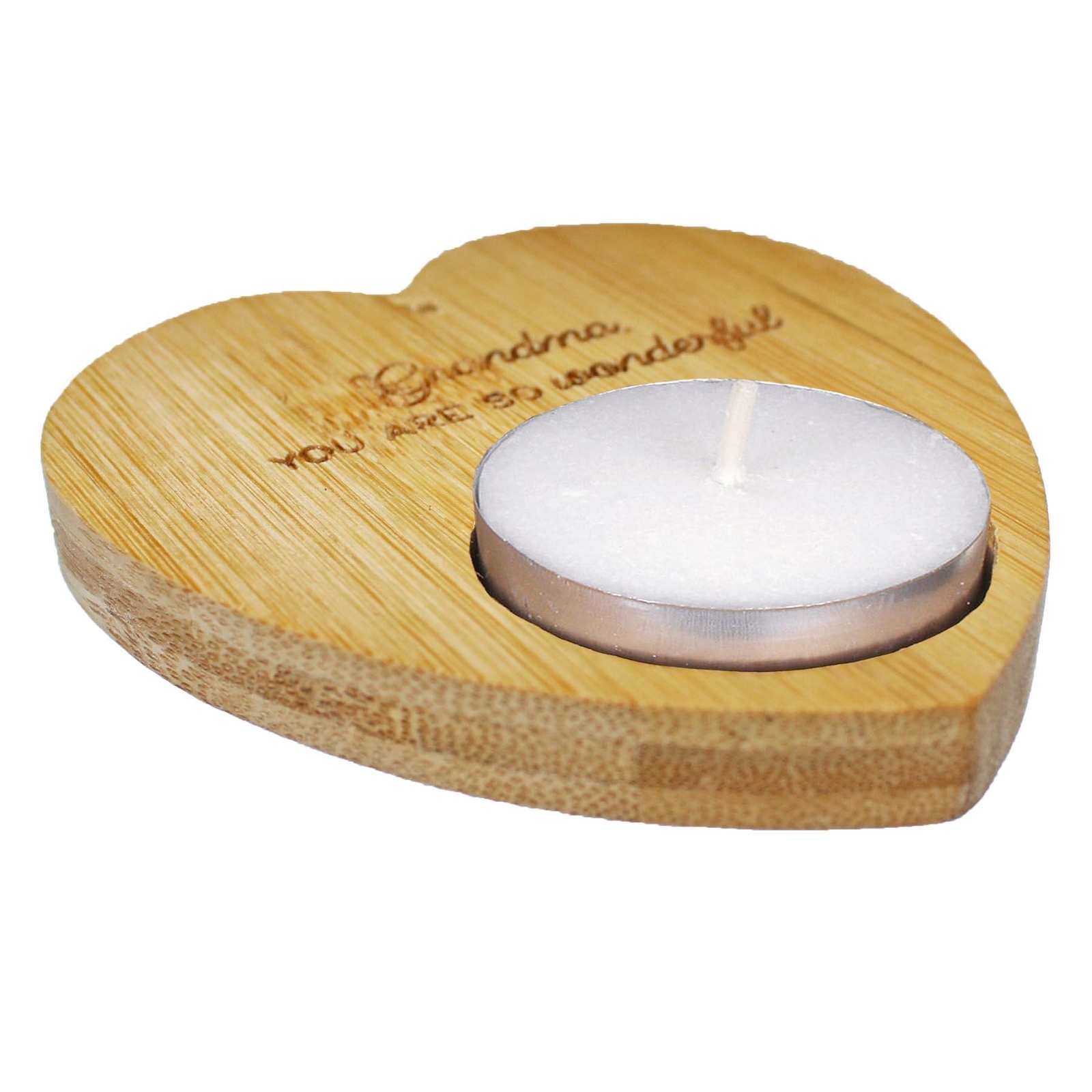 Heart Tealight Holder and 4 Tealights with Text Sustainable Bamboo - Grandma