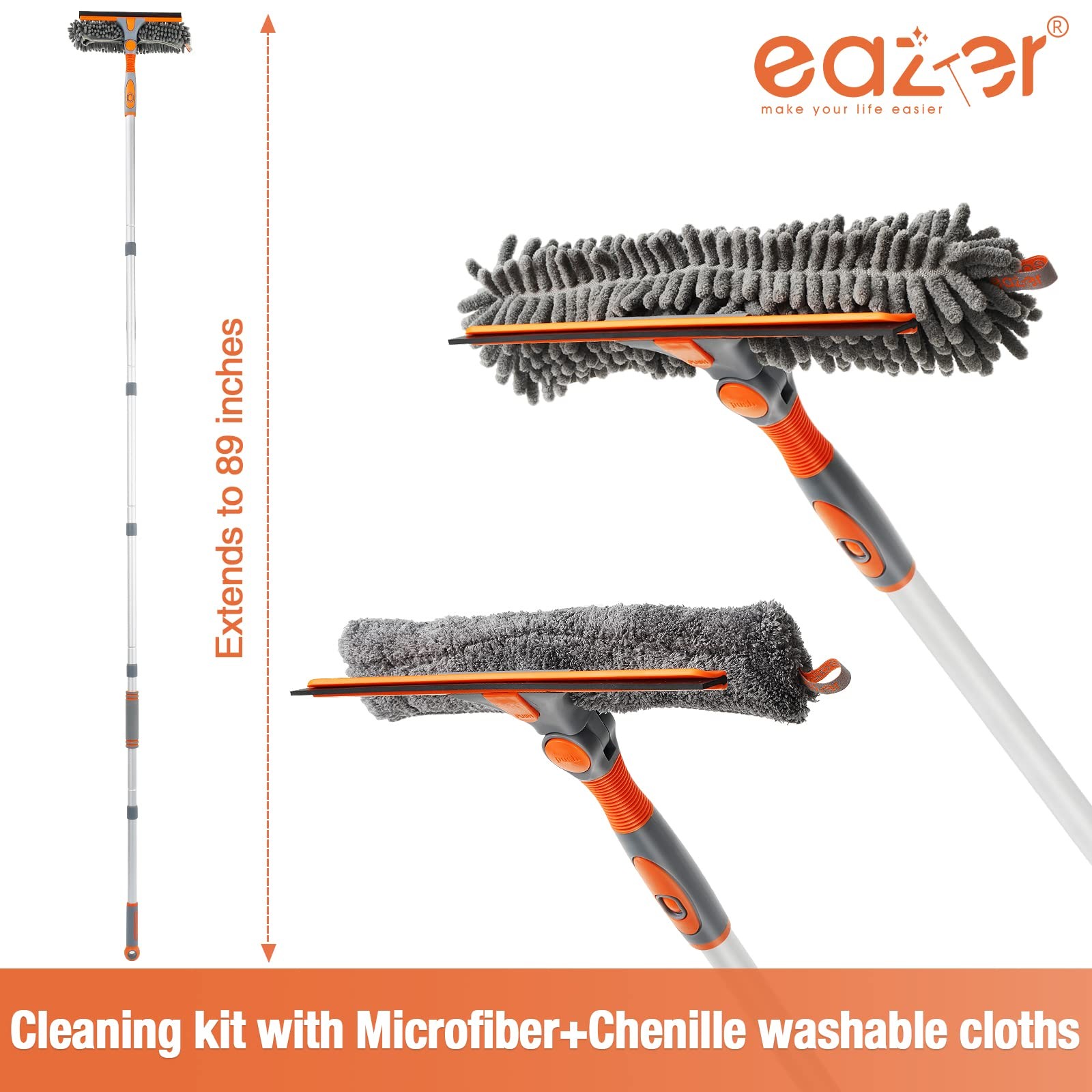 Eazer 89'' Squeegee Window Cleaner 2 in 1 89in, Orange, Gray, Silver