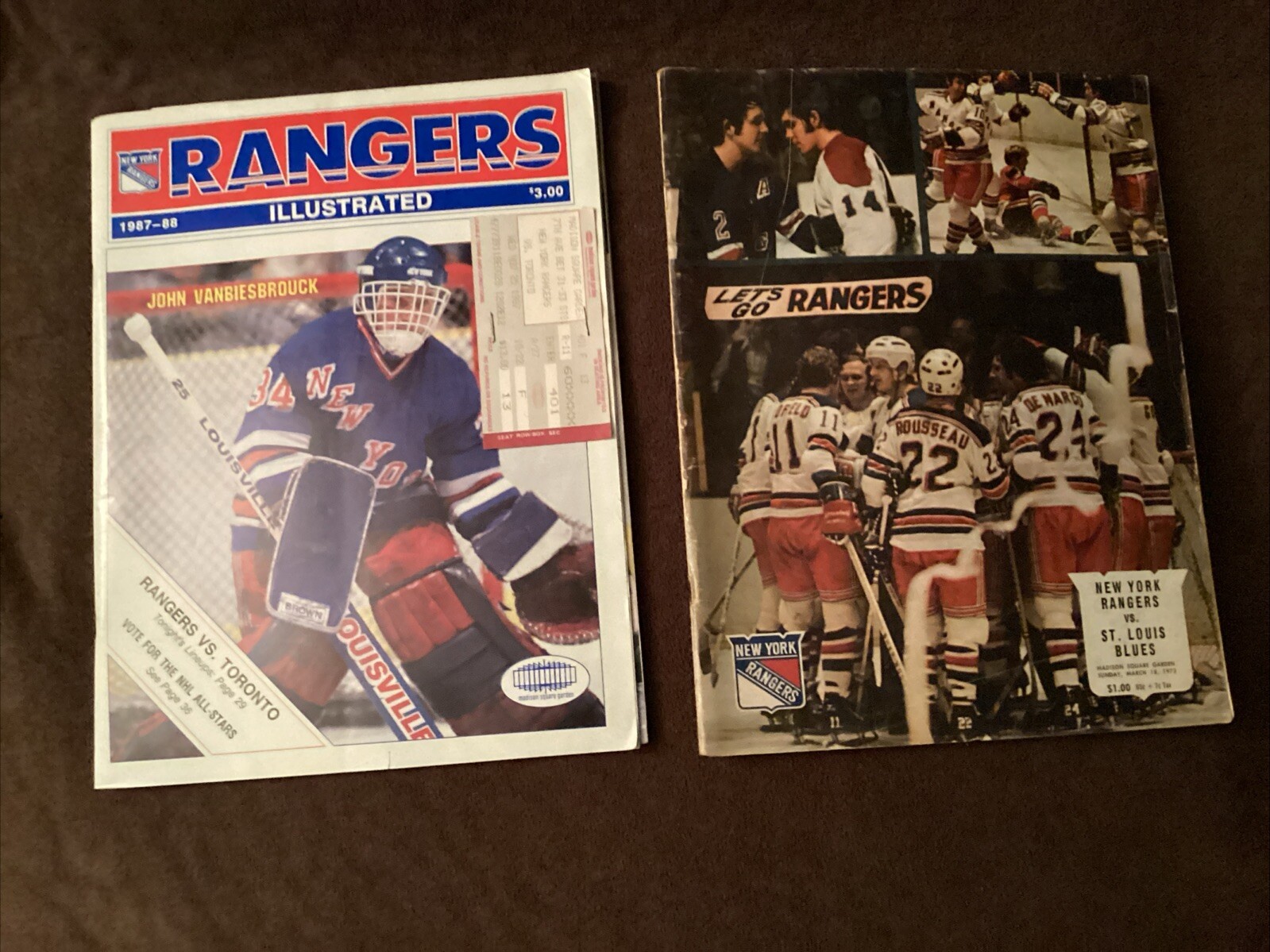 N.Y. Rangers: 1973 & '87 Programs w/Tix, Rod Gilbert Pin, (4) 7x9's, A.S. Ballot