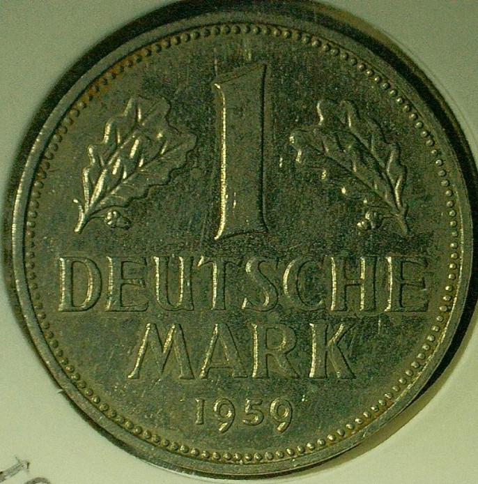 WORLD COIN SALE--1959-J  GERMANY  1 MARK--COPPER/NICKEL COMPOSITION COIN-KM# 110