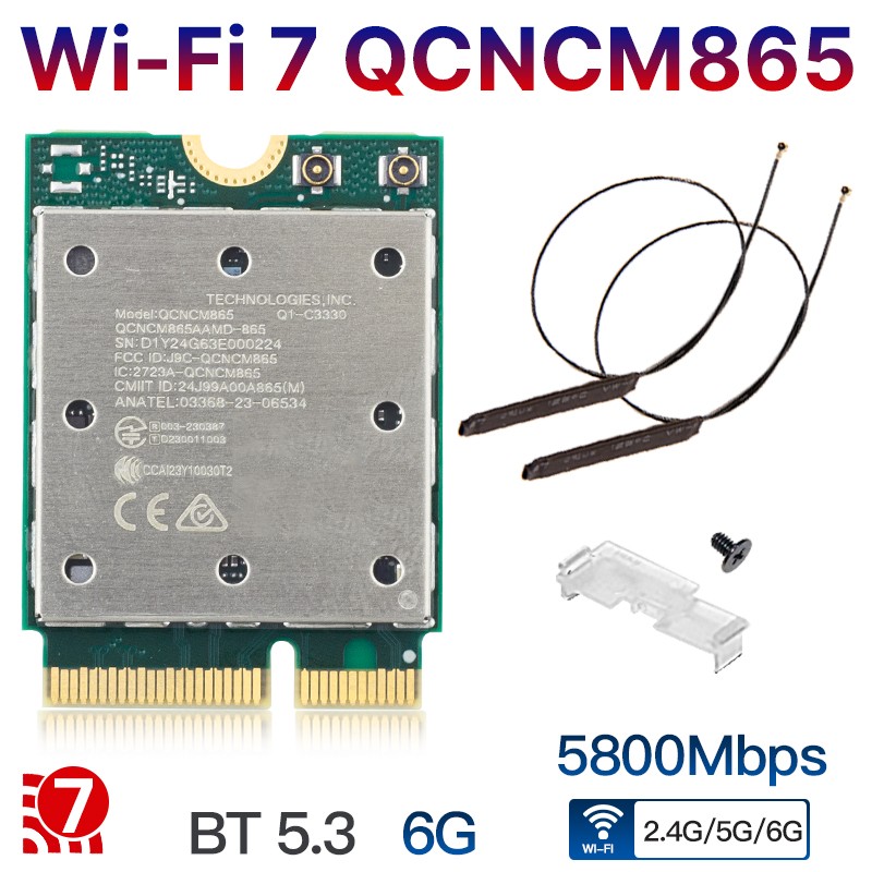 M.2 WiFi 7 Adapter Bluetooth 5.3 Card QCNCM865 Tri-Band Intel Netwrok AMD Win 11