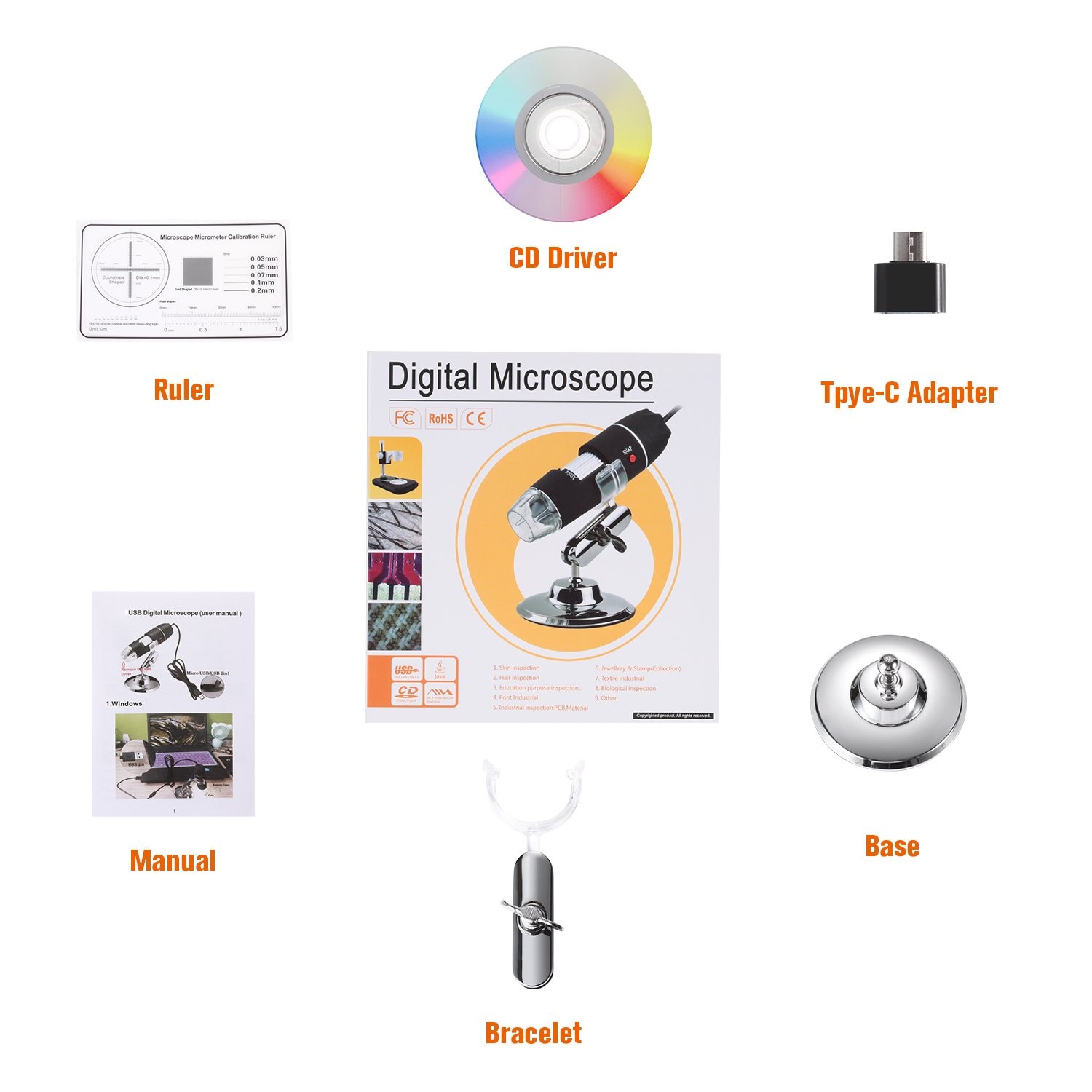 USB Microscope 40-1000X for Android/PC, Digital Camera with 8 LED Lights