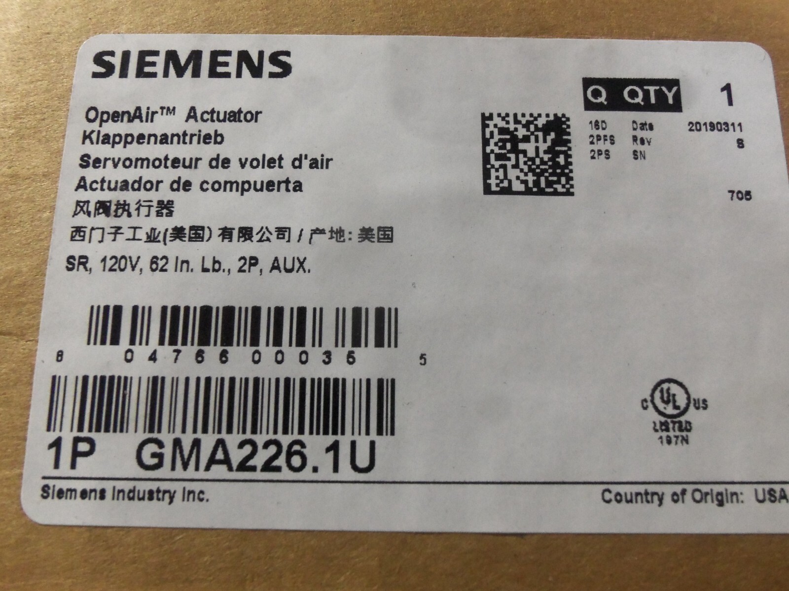 New Siemens GMA226.1U Electric Damper OPEN AIR Actuator