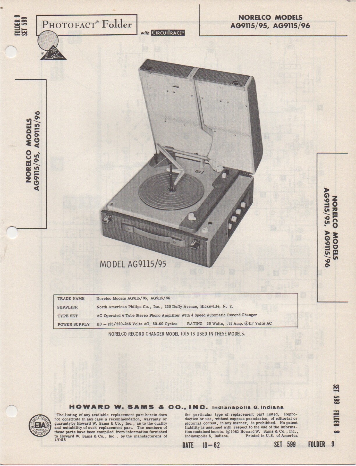 1962 NORELCO AG9115/95 PHONO AMPLIFIER SERVICE MANUAL SCHEMATIC REPAIR PHOTOFACT