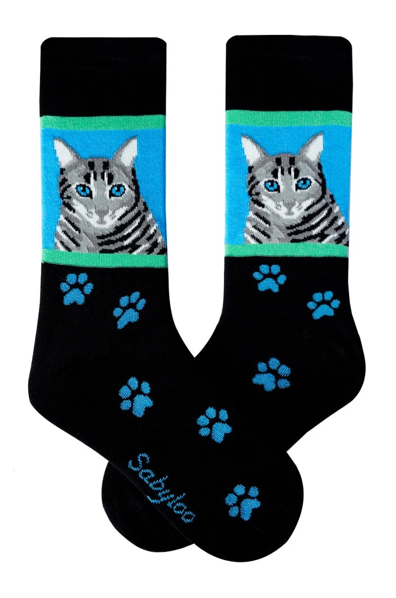 Silver Tabby Cat Women's Crew Socks Size 9-11 Sabyloo Paws Novelty Fashion New