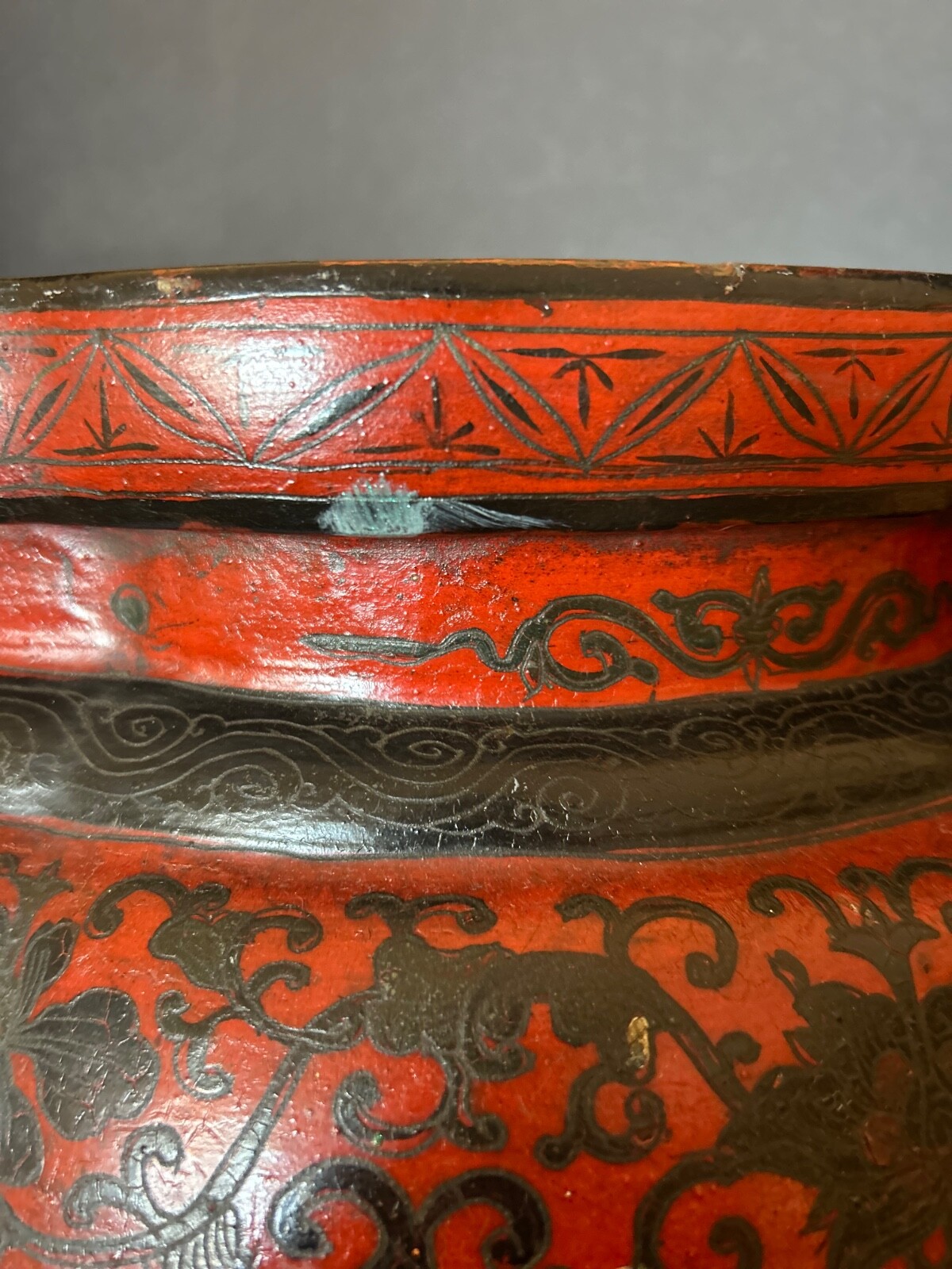 Antique 1920s Ming Dynasty Style Stool Black and Red Lacquer