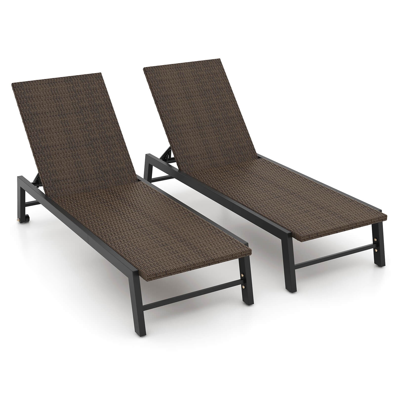 Patio 2PCS Galvanized Steel Chaise Lounge w/ Wheels PE Rattan Recliner Chair