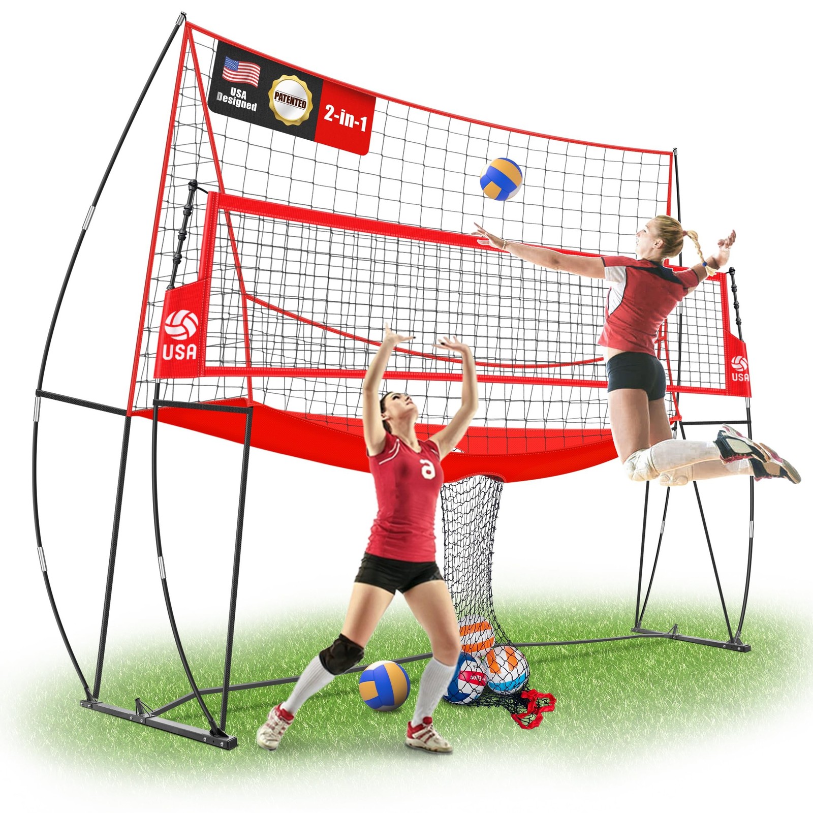 2-in-1 Volleyball Practice Net Station with Patented 5-Height (6'6'' to 8'), ...