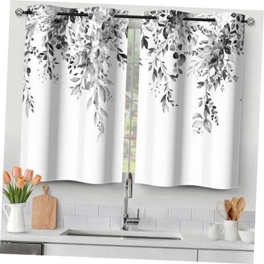 Eucalyptus Kitchen Curtains, Small Spring 26"W x 36"L (Pack of 2) Black