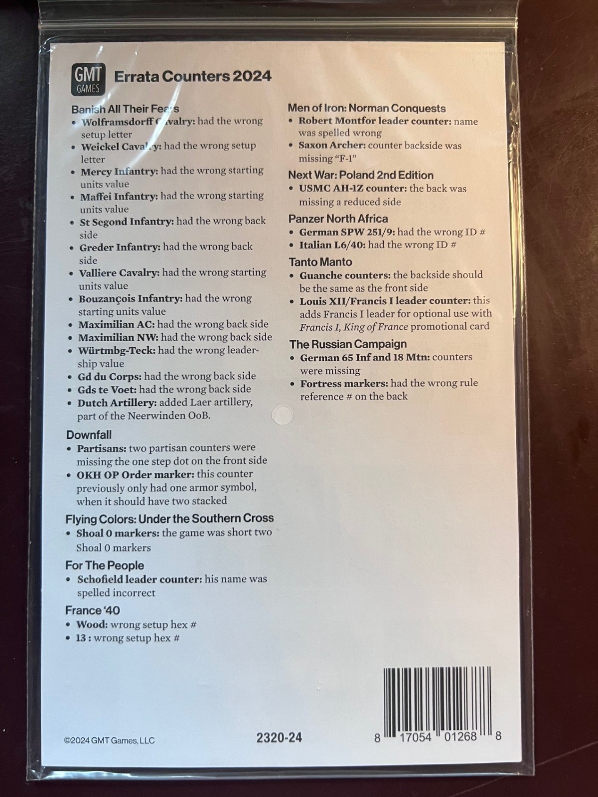 2024 Errata Replacement Counters by GMT Games mint bagged as issued