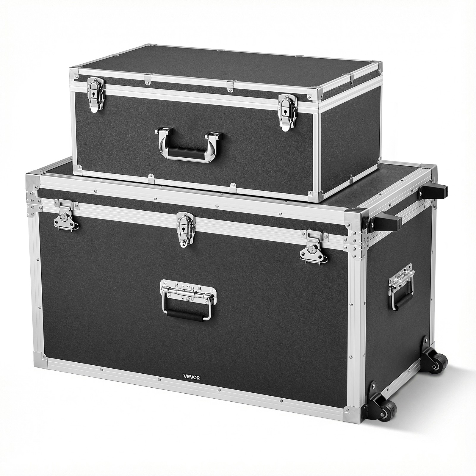VEVOR Metal Storage Trunk Set of 2 Wooden Suitcase Storage Boxes Padlocks Black