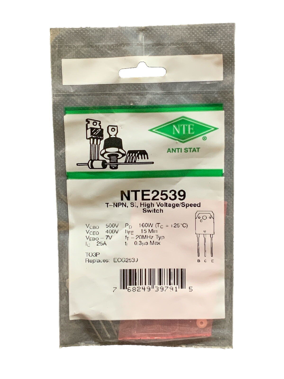 NTE2539 T-NPN, Si, High Voltage/Speed Switch TO3P Replaces ECG2539