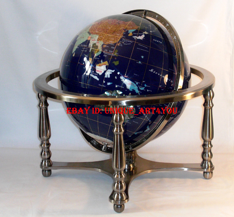 Unique 21" Tall Blue Lapis Ocean Silver Leg table Gem Gemstone World Map Globe