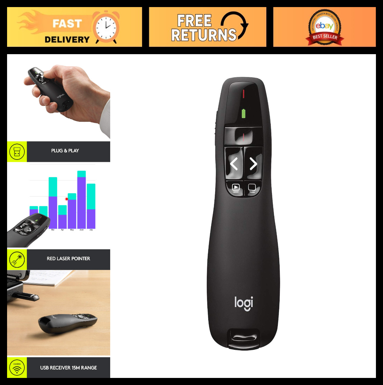 Wireless Presentation Clicker Remote with Laser Pointer - USB-A PowerPoint Click