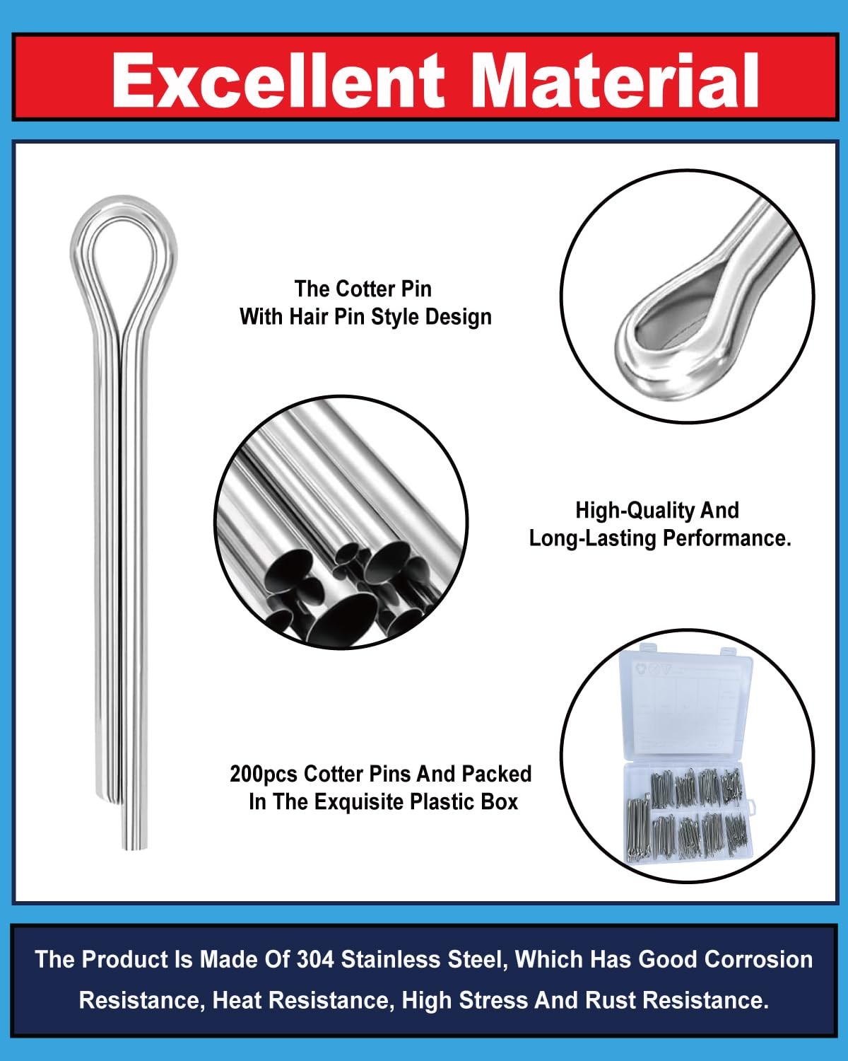 290PCS Cotter Pin Assortment 24 Sizes 304 Stainless Steel Hardware Split PinsKit