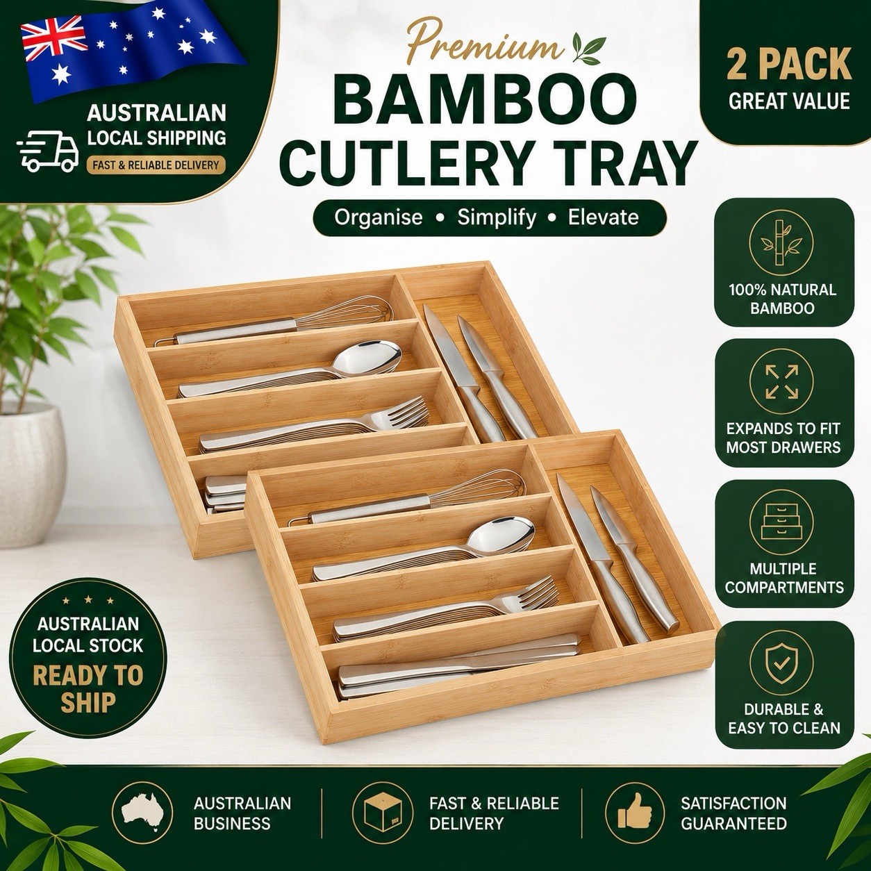 2x Bamboo Cutlery Tray Utensil Drawer Kitchen Organizer Insert Divider Holder AU