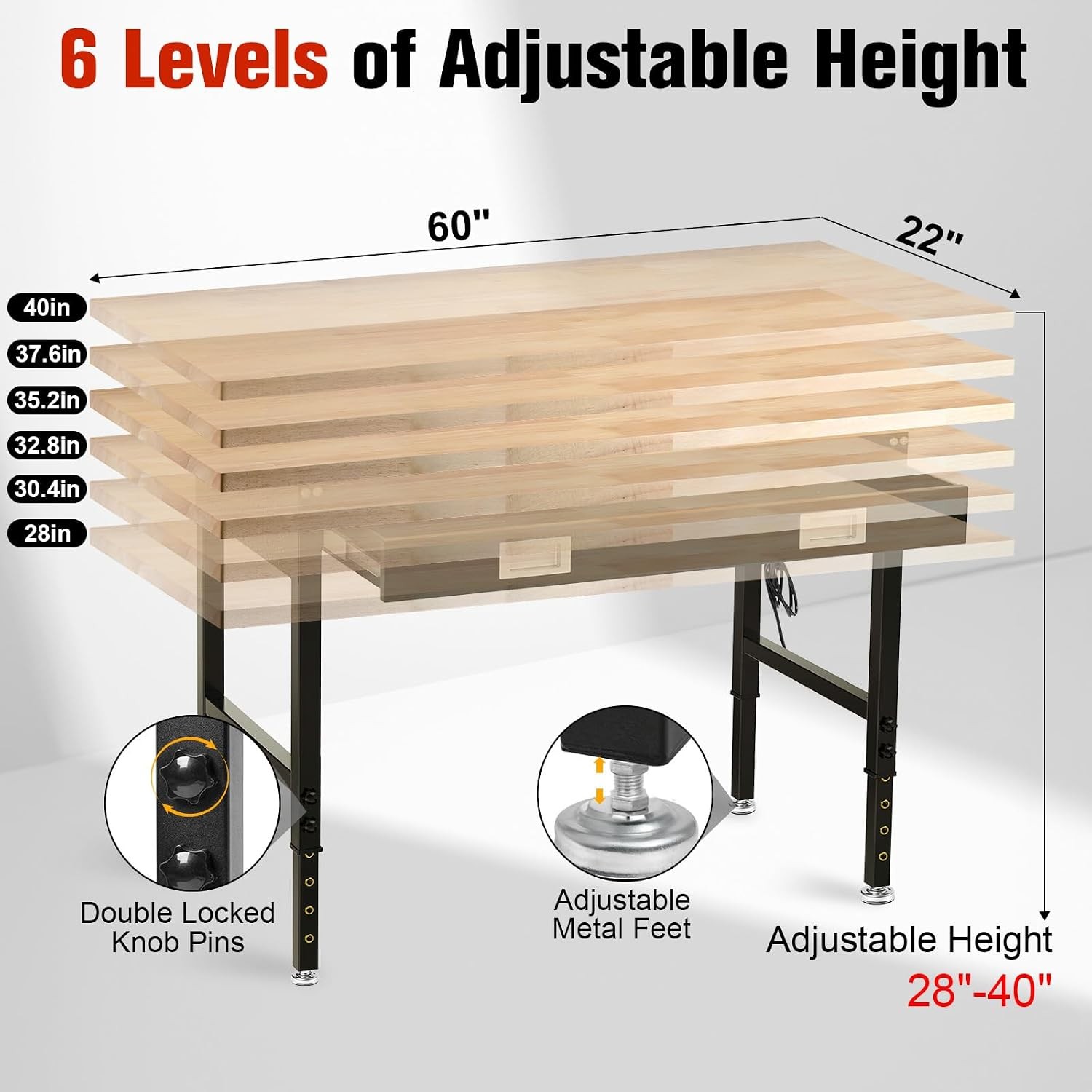 60" Workbench with Drawers Work Benches for Garage with Strip Light Adjustable