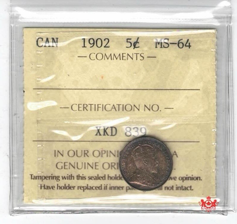 1902 Canada 5 Cents - ICCS MS64 - XKD 839