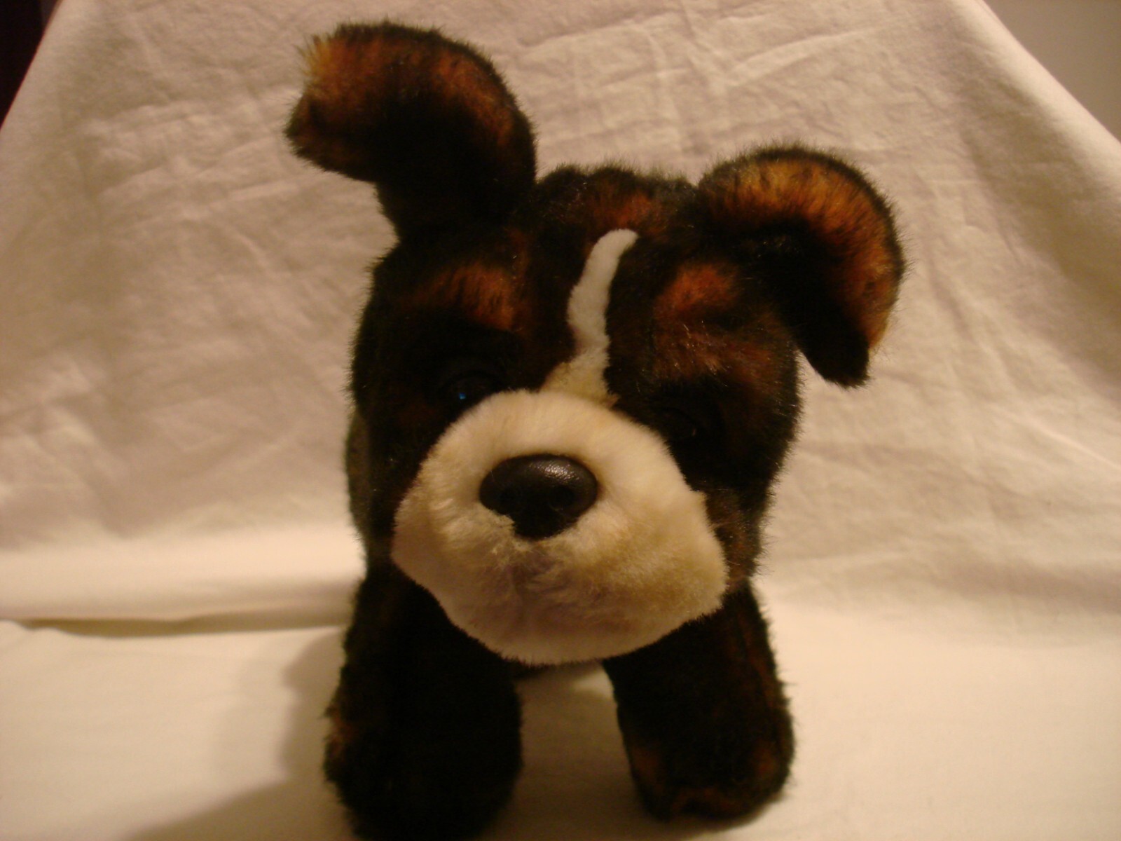 Vintage FAO Schwarz 8" Bull Dog Puppy Fluffy Soft Black & Brown Bean Bag Plush