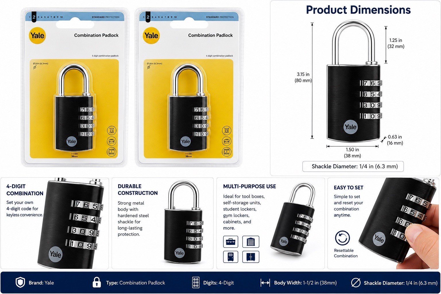 Yale 38mm 4-Digit Combination Padlock 2 Pack Locker Tool Box Storage Lock