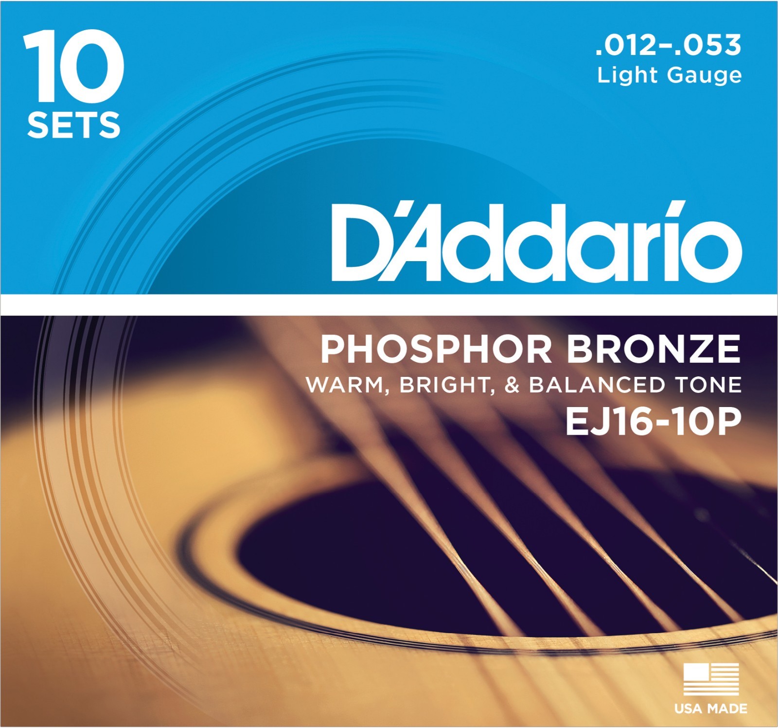 10 Pack EJ16 D'Addario EJ16-10P Light Acoustic Guitar Strings Phosphor Bronze